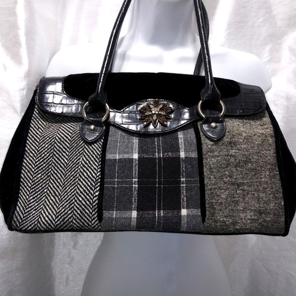 ELEGANT Black Velvet Plaid Houndstooth PURSE Bag with Crystal Decor & Sparkle - Picture 9 of 11